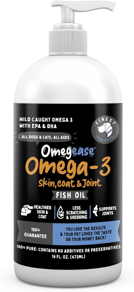 Omegease 100% Pure Omega 3 Fish Oil for Dogs & Cats 16 oz - Skin & Coat Supplement, Less Scratching & Shedding, Supports Joint Function, Immune, Brain & Heart Health. Natural EPA + DHA Fatty Acids