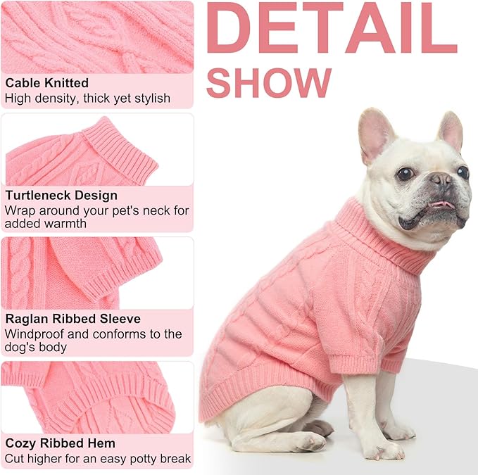 BEAUTYZOO Small Dog Sweater, Dog Sweatshirt Pullover Cable Knitwear, Classic Turtleneck Thick Cold Weather Dog Clothes for Small Medium Dogs Puppy Girl Boys Chihuahua, Bulldog, Dachshund, Pug, Yorkie
