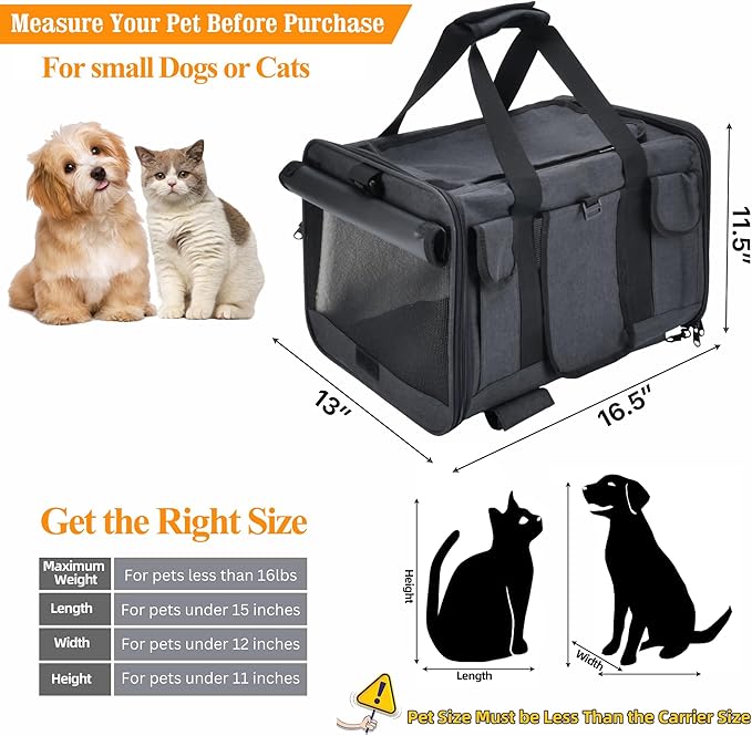 Rolling Airline Approved Premium Dog and Cat Carrier - 16.5" x 13" x 11.5" - Pet Travel Carrier for Small Dogs and Cats Under 16 LBS - Telescopic Handle and 360° Wheels - TSA Approved Cat Carrier