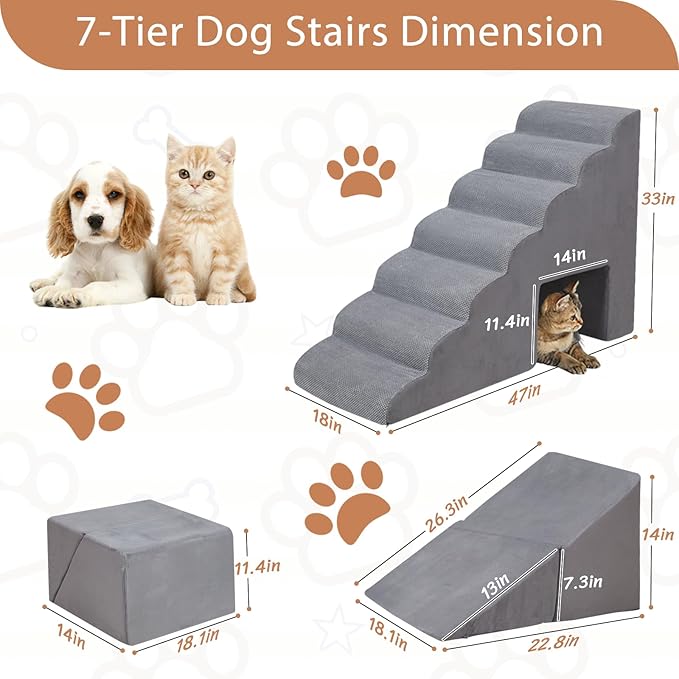 33 inches Dog Steps for High Bed, 7 Tier Dog Stairs/Steps for Small Dogs, Non-Slip Dog Ramp/Ladder for Injured Pets, Older Dogs, and Small Pets