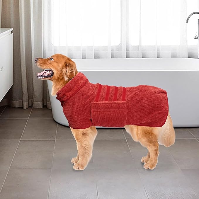 Geyecete Dog Bathrobe Towel Dog Drying Coat-Dry Fast Dog Bag-Pineapple Grid Fast Drying Super Absorbent Pet Dog Cat Bath Robe Towel-Red-XL