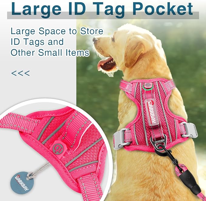 BARKBAY Dog Harness No Pull with ID Tag Pocket - Heavy Duty, Reflective, Easy Control for Large Dogs (Pink,XL)