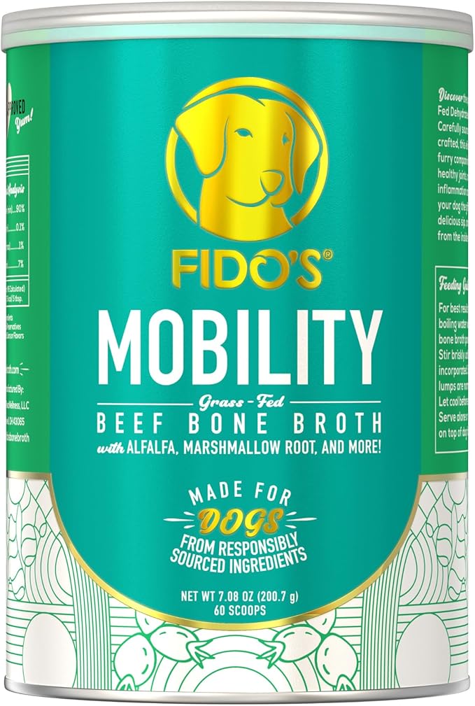 Fido's Mobility Bone Broth for Dogs - Grass-Fed Beef Bone Broth Powder & Organic Herbs - Joint Supplement for Dogs - Dog Food Topper for Dry Food - 60 Scoops