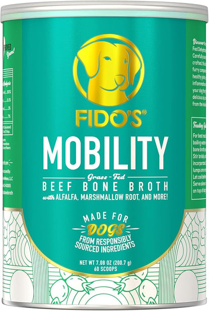 Fido's Mobility Bone Broth for Dogs - Grass-Fed Beef Bone Broth Powder & Organic Herbs - Joint Supplement for Dogs - Dog Food Topper for Dry Food - 60 Scoops