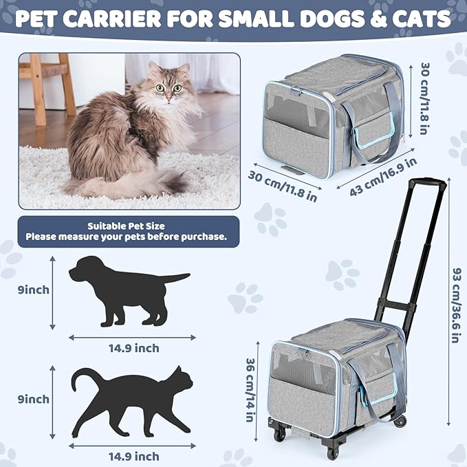 Pet Carrier for Small Dog Cat, Airline Approved Dog Carrier with Wheels Soft Sided Dog Rolling Crate Cat Travel Bag up to 20 Lbs Pet Strollers for Small Pets