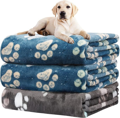 1 Pack 3 Blankets for Dogs, Dog Blankets for Large Dogs, Medium Dog Blanket Super Soft Fluffy Premium Fleece Pet Blanket Flannel Throw for Dog Puppy Cat Paw Blanket, Blue 2+Gray 1,31x41inch