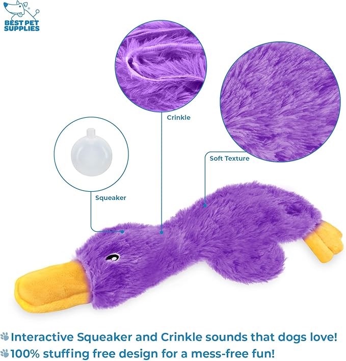 Best Pet Supplies Crinkle Dog Toy for Small, Medium, and Large Breeds, Cute No Stuffing Duck with Soft Squeaker, Fun for Indoor Puppies and Senior Pups, Plush No Mess Chew and Play - Light Purple