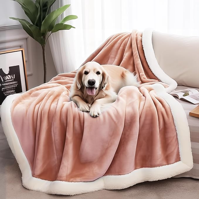 Sherpa Blanket for Bed Sofa Couch Camping Travel, Double-Sided Reversible Pet Hair Resistant Large Dog Blanket, Warm Lightweight Fluffy & Soft Plush (Pink Beige, XL 50x60”)