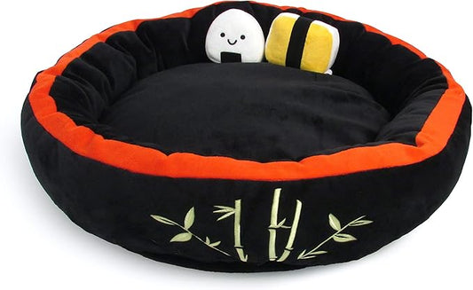 TONBO Soft Plush Small Cute and Cozy Sushi Dog Cat Bed with Two Sushi Crinkle Toys, Washer and Dryer Friendly, (Black)