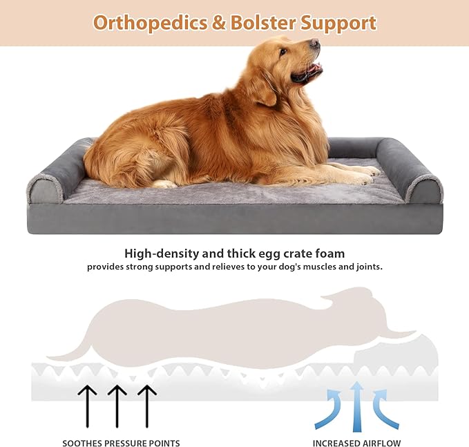 Orthopedic Dog Bed Washable Large Dog Bed Waterproof Dog Beds Large Sized Dog Couch Egg Foam Dog Crate Bed with Removable Bolsters & Nonslip Bottom 36" x 27" x 6", Grey