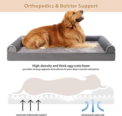 Orthopedic Dog Bed Washable Large Dog Bed Waterproof Dog Beds Large Sized Dog Couch Egg Foam Dog Crate Bed with Removable Bolsters & Nonslip Bottom 36" x 27" x 6", Grey