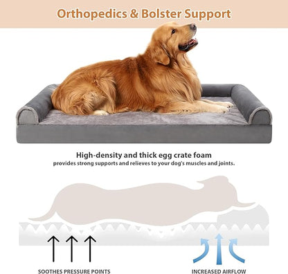 Orthopedic Dog Bed Large Breed Waterproof Dog Bed Washable Dog Couch Egg Foam Dog Crate Bed with Removable Bolsters & Nonslip Bottom 47" x 29" x 7", Grey