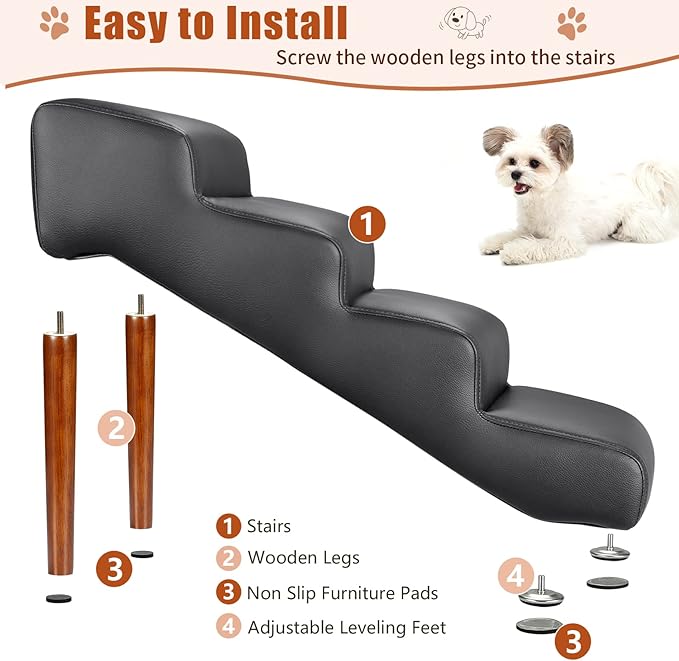 Senneny Black Faux Leather Dog Stairs 150 lbs, 4 Step
