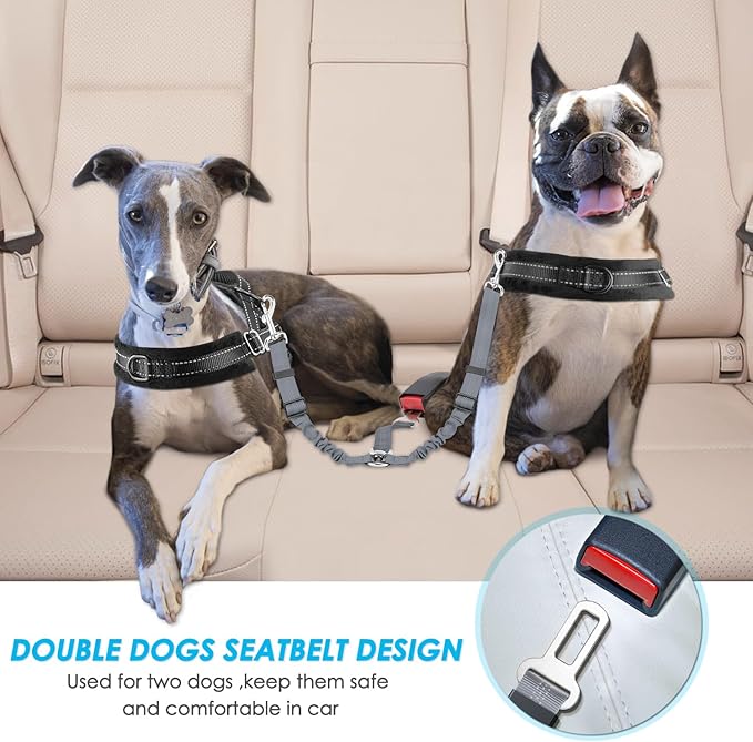 SlowTon Dog Seat Belt, Double Dog Seatbelt Adjustable Vehicle Safety Leash with Elastic Bungee Buffer, Reflective No Tangle Y Shape Two Dog Harness Seat Belt Splitter for Pets Car Trip (Grey, M)