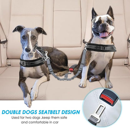 SlowTon Dog Seat Belt, Double Dog Seatbelt Adjustable Vehicle Safety Leash with Elastic Bungee Buffer, Reflective No Tangle Y Shape Two Dog Harness Seat Belt Splitter for Pets Car Trip (Grey, M)