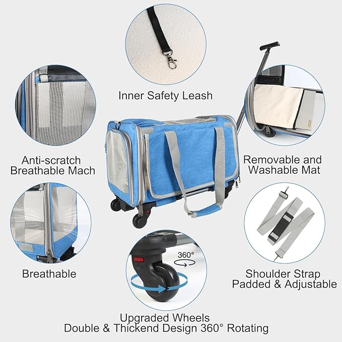 Airline Approved Expandable Premium Pet Carrier on Wheels, Designed for Dogs & Cats for Up to 25 LBS(Upgrade Material-Sponge Filling) with Telescoping Handle for Walking Travel Vet Visits