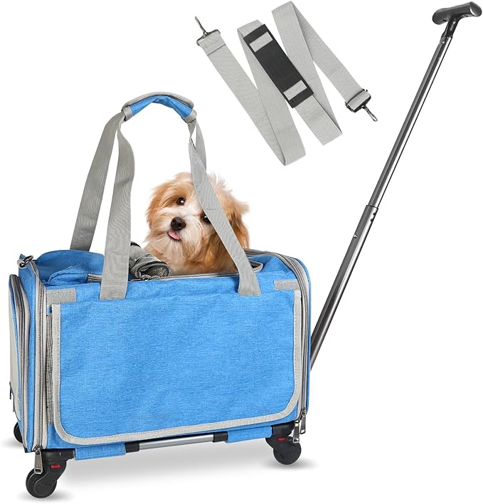 Airline Approved Expandable Premium Pet Carrier on Wheels, Designed for Dogs & Cats for Up to 25 LBS(Upgrade Material-Sponge Filling) with Telescoping Handle for Walking Travel Vet Visits