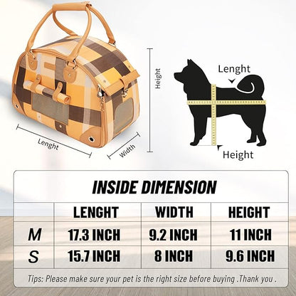 Dog Carrier, Cat Carrier, Pet Carrier, Foldable Premium PU Leather Dog Purse, Portable Tote Bag Carrier for Small to Medium Cats and Small Dogs（Plaid-Small）