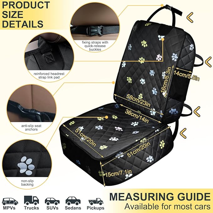 2pcs Dog Car Seat Cover for Front Durable Colored Paw Prints Waterproof Protector Against Dirt Scratch Proof Non Slip Padded Quilted Front Seat Covers for Dog for Cars