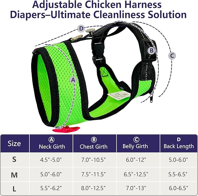 Chicken Harness Hen size With 6-foot Matching belt - Adjustable, elastic, Comfortable, Breathable, Large Size Suitable for Chicken, Duck or Goose Suitable for Weight about 4.9-6.8 Pounds, Green