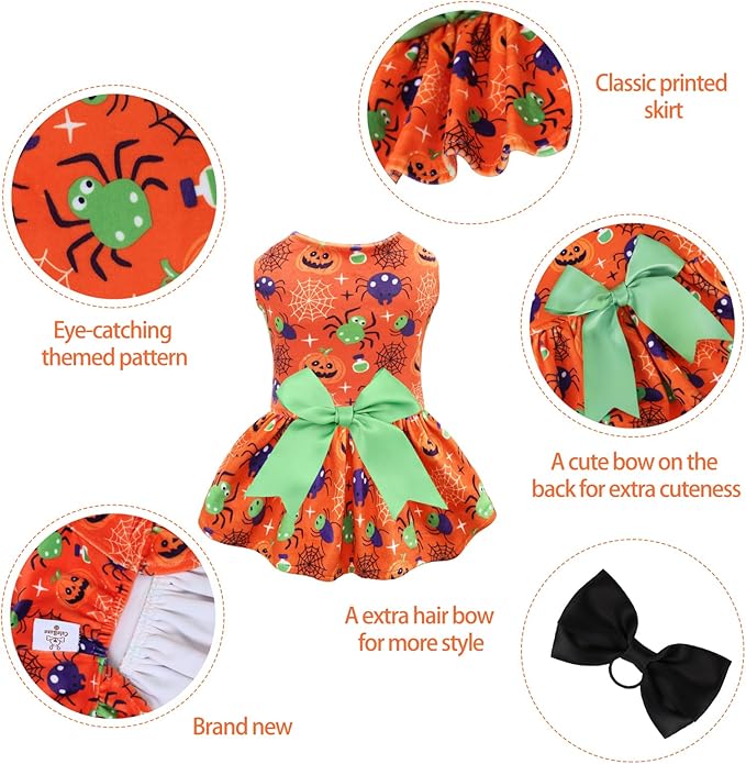 CuteBone Halloween Dog Dresses Velvet Holiday Small Dogs Clothes Onesie Pet Apparel Girl Puppy Skirt with Bow Hair Rope CVA47M