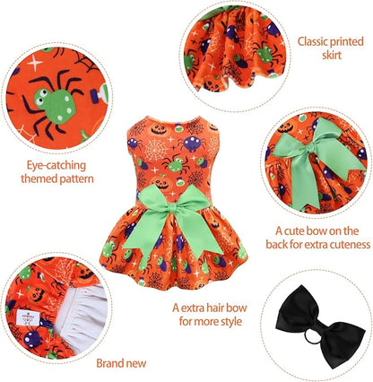 CuteBone Halloween Dog Dresses Velvet Holiday Small Dogs Clothes Onesie Pet Apparel Girl Puppy Skirt with Bow Hair Rope CVA47L