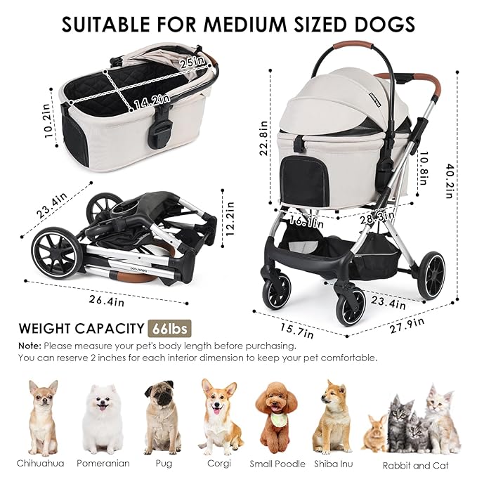 T6 Luxury Pet Stroller for Medium Dog Under 66lbs or 2 Small Dogs & Cats