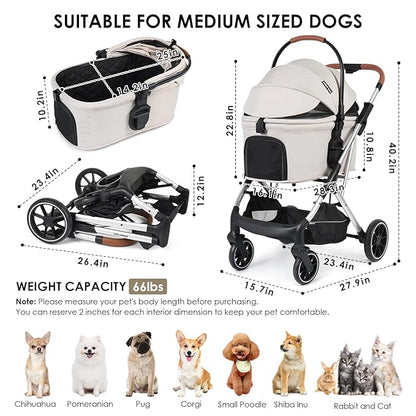 T6 Luxury Pet Stroller for Medium Dog Under 66lbs or 2 Small Dogs & Cats