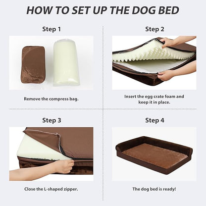 KSIIA Orthopedic Dog Bed Waterproof Dog Beds for Large Dogs Flannel Bolster Dog Couch Bed with Egg Crate Foam Removable Washable Cover & Nonskid Bottom 36 x 27 Inch,