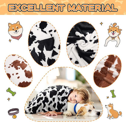 Rezutan Dog Blankets for Largel Dogs,3 Pack Dog Cat Soft Fuzzy Blankets Washable,Comfort Flannel Cow Print,Fuzzy Soft Pet Mat Blankets,Pet Blanket,Reversible Print,42x32 inch Brown White Cow Print.