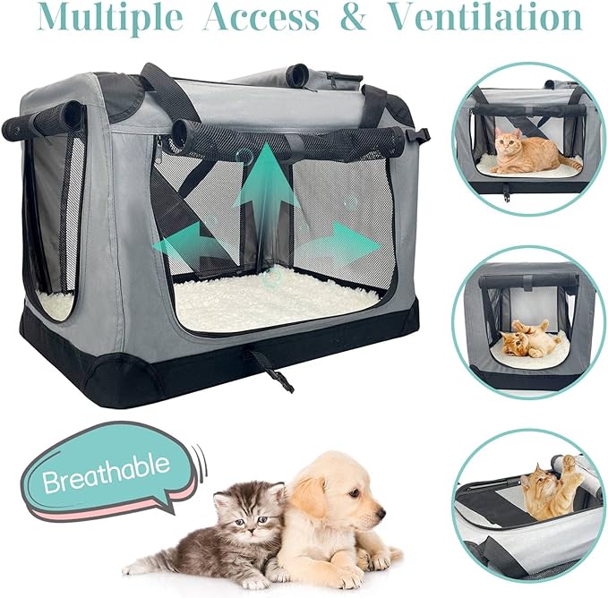 Fhiny Large Cat Carrier for 2 Cats, 24"x17"x17" Soft Dog Crate Collapsible Portable Travel Pet Carrier Bag Durable Breathable Foldable Kitten Carrier Bag for Puppy Cats Under 35 Lbs Grey