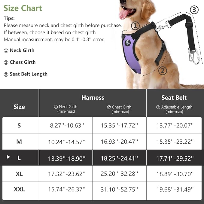 Dog Vehicle Safety Vest Harness, Adjustable Soft Padded Mesh Car Seat Belt Leash Harness with Travel Strap and Carabiner for Most Cars, Size Large, Purple