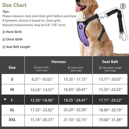 Dog Vehicle Safety Vest Harness, Adjustable Soft Padded Mesh Car Seat Belt Leash Harness with Travel Strap and Carabiner for Most Cars, Size Large, Purple