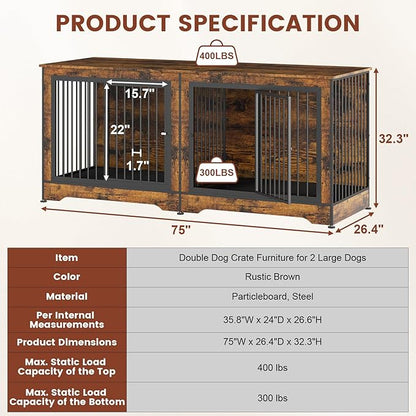 3-in-1 75 Inch Double Dog Crate Furniture 2 Large