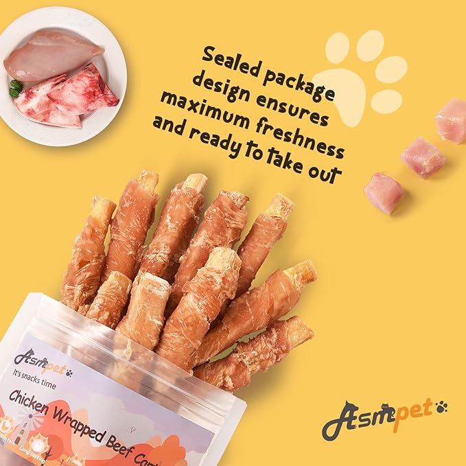 ASMPET Dog Treats Chicken Wrapped Beef Cartilage Dog Treats Long Lasting High Calcium Chewy Dog Soft Bone Non-Rawhide Puppy Treat Twist Sticks Rich in Protein for Small Medium Large Dogs