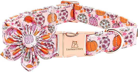 Lionheart glory Premium Halloween Dog Collars Flower Dog Collar Heavy Cotton Adjustable Fall Dog Collar for Small Dogs Pumpkin Dog Collar Flower Dog Collar with Bow Tie