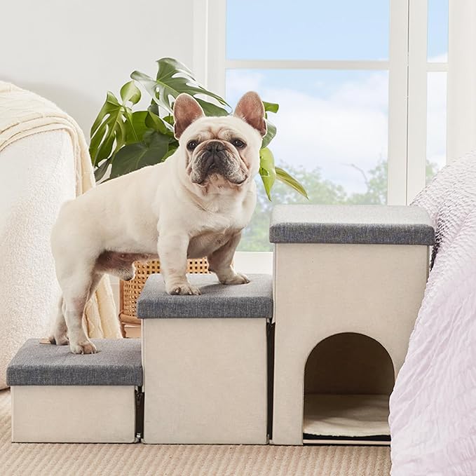 Love's cabin Dog Stairs for Small Medium or Large Dogs with Storage and Condo Couch,3-Step Gray 200 lbs,Beige+Grey