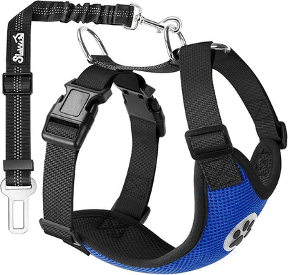 SlowTon Dog Seat Belt Harness for Car, Dog Car Harness Adjustable Mesh Breathable & Dog Seatbelt Safety Tether with Elastic Bungee for Small Medium Large Pets(Blue, Single Clip, XS)