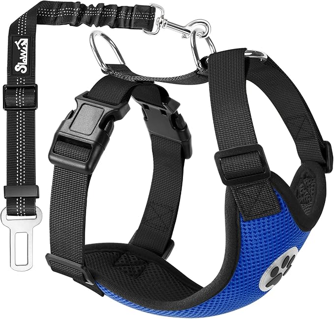 SlowTon Dog Seat Belt Harness for Car, Dog Car Harness Adjustable Mesh Breathable & Dog Seatbelt Safety Tether with Elastic Bungee for Small Medium Large Pets(Blue, Single Clip, M)