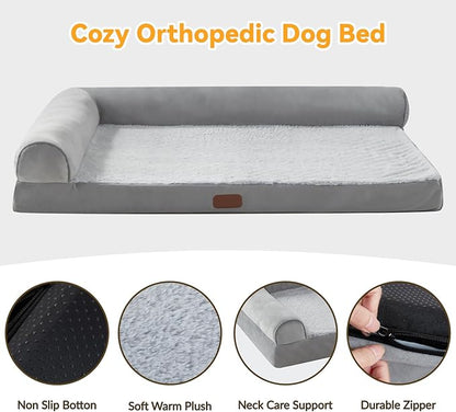 X-Large Memory Foam L Shaped Dog Bed,Supportive Orthopedic Pet Couch Bed Waterproof Non-Slip Bottom Dog Bed with Removable Washable Cover- Sleep Surface 35"x24"