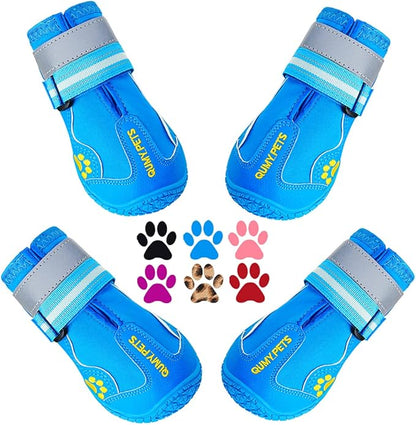 QUMY Dog Shoes for Large Dogs, Medium Dog Boots & Paw Protectors for Winter Snowy Day, Summer Hot Pavement, Waterproof in Rainy Weather, Outdoor Walking, Indoor Hardfloors Anti Slip Sole Blue 1