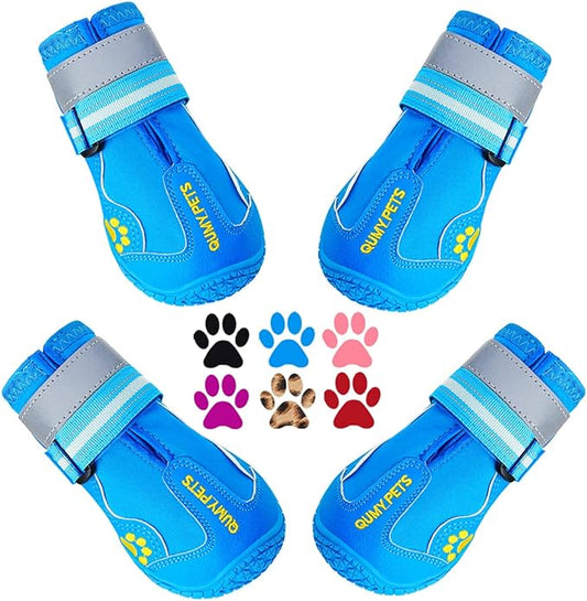 QUMY Dog Shoes for Large Dogs, Medium Dog Boots & Paw Protectors for Winter Snowy Day, Summer Hot Pavement, Waterproof in Rainy Weather, Outdoor Walking, Indoor Hardfloors Anti Slip Sole Blue 4