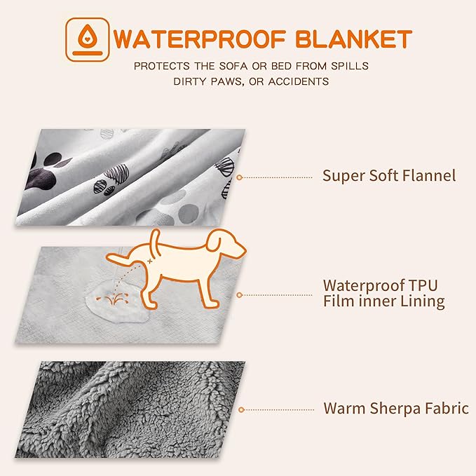 Waterproof Dog Blankets Pet Blanket 50"x60", Soft Fluffy Sofa Car Bed Protector, Reversible Sherpa Fleece Dog Blanket for Large Dogs (Light Grey-Paws)