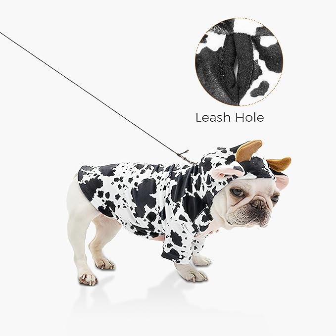 DELIFUR Dog Halloween Cow Costume - French Bulldog Adorable Cow Holiday Outfit Cute Hoodie Halloween Cosplay Animal Costume for Small Medium Dog (Cow, Back: 15.5")