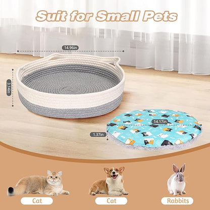 Yummy Sam Cotton Rope Woven Cat Bed Basket, Small Dogs Sofa Bed with Double Sided Mat for All Seasons, 14"x14"x4" Washable Round Sleeping House Bed for Indoor Cat Puppies Rabbits and Small Pets (Grey)