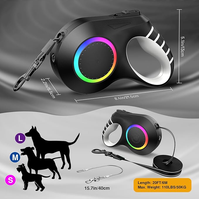 Retractable Dog Leash with Light 20ft Dog 110lbs