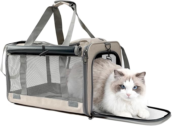 HSC PET Cat Carrier Small Dog Bag Soft Side Puppy Rabbit Bag Ourdoor Travel,360 Degree Perspective Breathable Mesh Windows,2 Shade Curtains,Side&Top Load（Khaki）