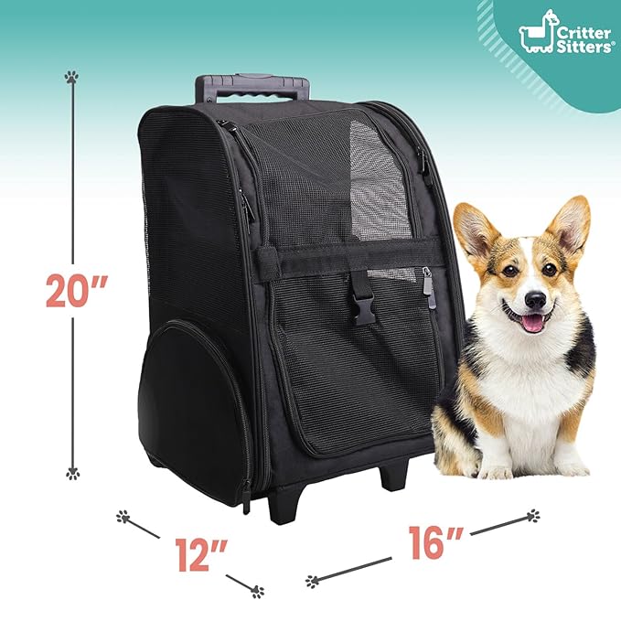 Critter Sitters Rolling 4-Wheel Pet Backpack Suitcase for Small Dogs, Cats with Scratch Resistant Breathable Mesh Window, Airline Carry-On Approved, Safety Leash, Animal Carrier Backpack