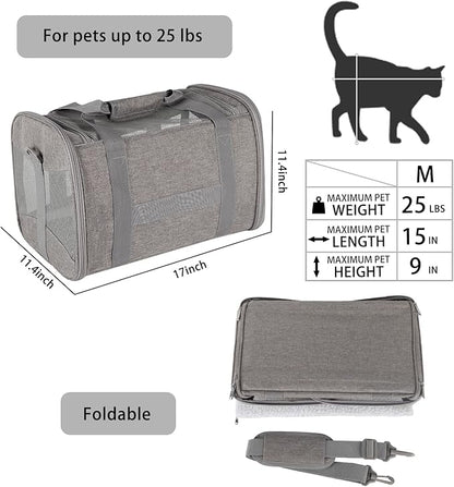 Cat Carrying Case - Pet Carrier Airline Approved, Protable and Breathable Pet Travel Carrier Removable Fleece Pad, Collapsible Cat Carrier Dog Carrier for Medium Cats Small Cats Dogs (17*11*11 grey)