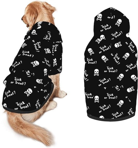 Halloween Dog Costume, Trick or Treat Skull Print Hoodie Winter Halloween Cosplay Clothes Sweaters Outfits Pullover Pets' Sweatshirt Hoodies with Pocket for Medium Large Dogs-S